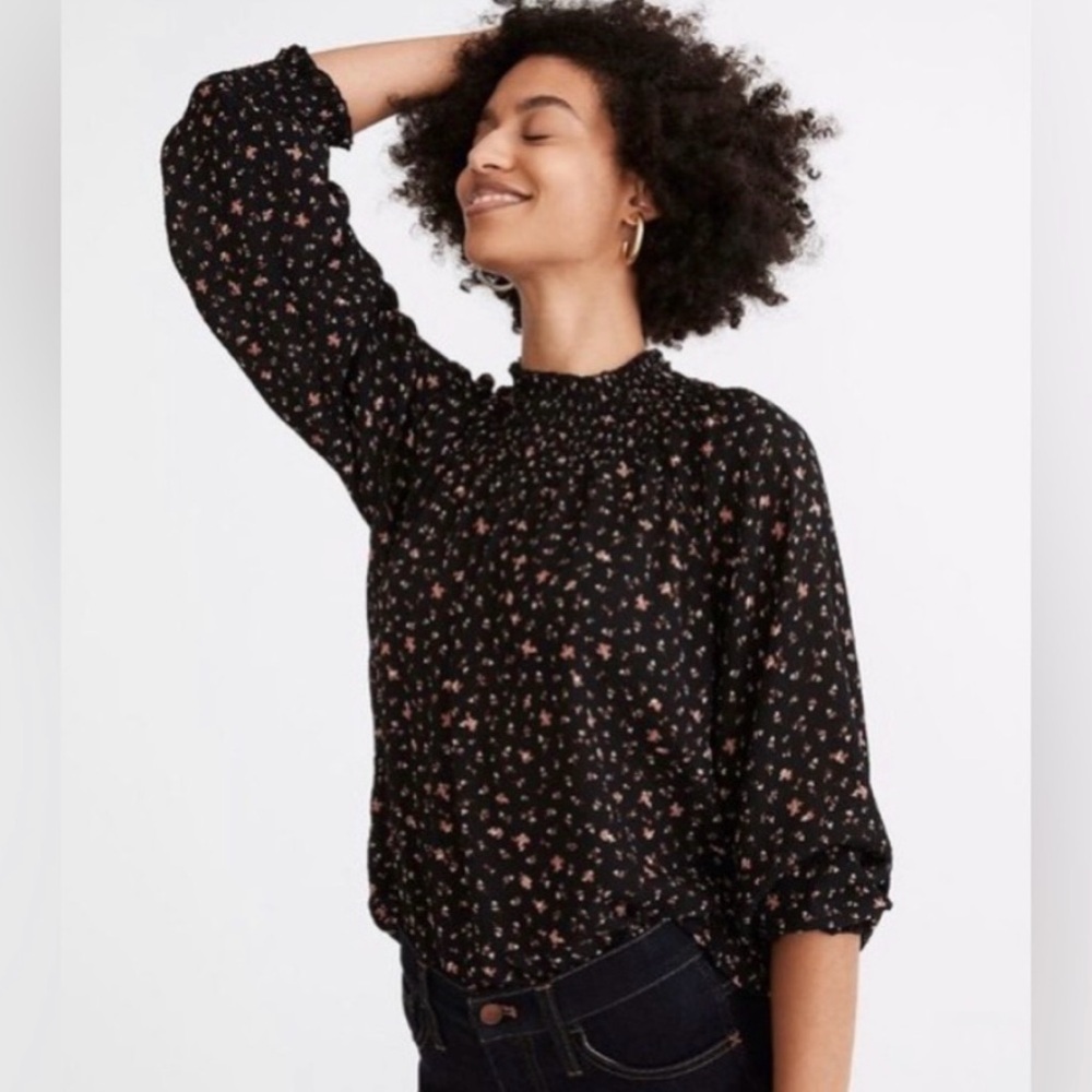 Madewell | Women’s black floral smocked mock neck/sleeve hem shirt size L